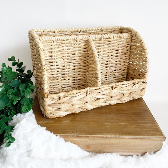Vintage Other - Wicker Woven Hyacinth - Bohemian Letter Holder Storage Container Office Desk
